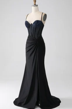 Preto Sereia Esparguete Correias Longo Espartilho Vestido de Baile Com Missangas