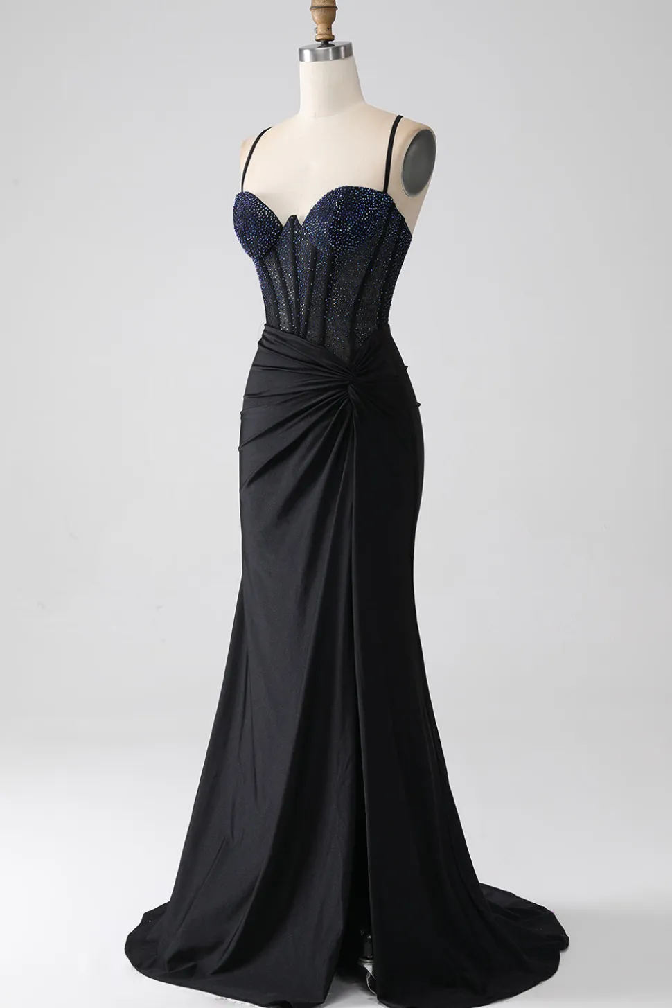 Preto Sereia Esparguete Correias Longo Espartilho Vestido de Baile Com Missangas