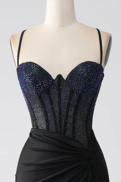 Preto Sereia Esparguete Correias Longo Espartilho Vestido de Baile Com Missangas