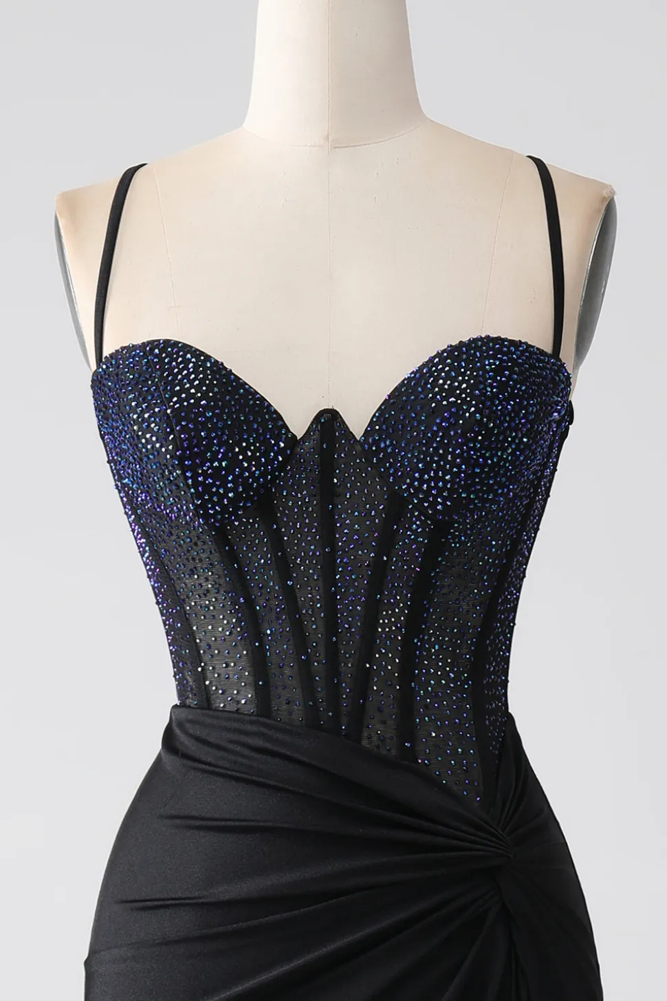 Preto Sereia Esparguete Correias Longo Espartilho Vestido de Baile Com Missangas