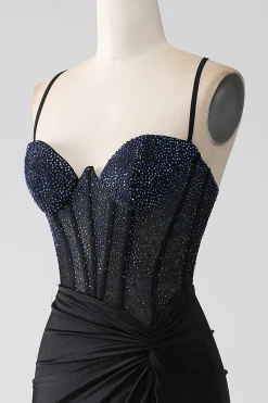 Preto Sereia Esparguete Correias Longo Espartilho Vestido de Baile Com Missangas