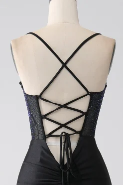 Preto Sereia Esparguete Correias Longo Espartilho Vestido de Baile Com Missangas
