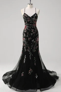 Preto Sereia Esparguete Correias Appliqued Long Prom Dress With Sequins