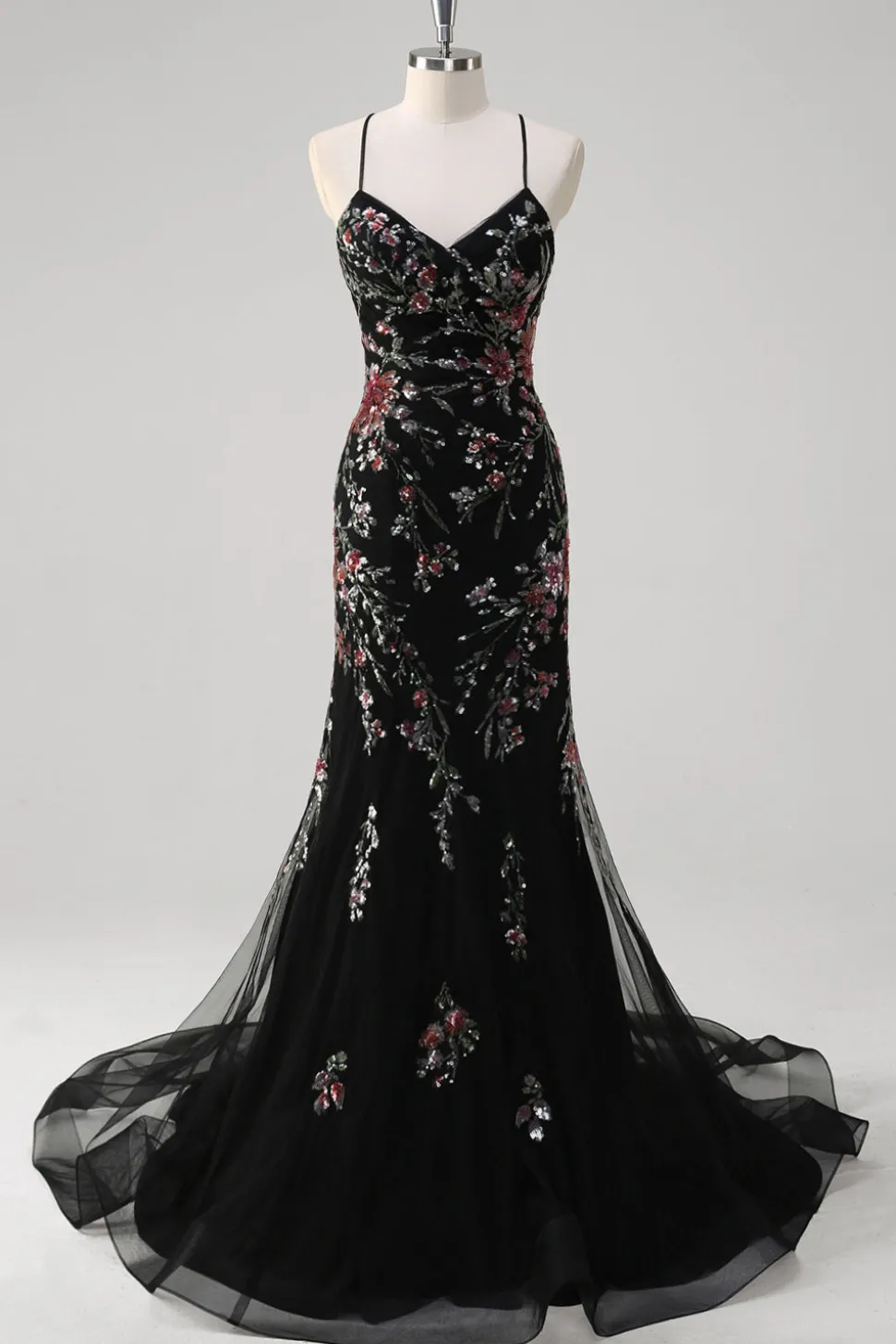 Preto Sereia Esparguete Correias Appliqued Long Prom Dress With Sequins