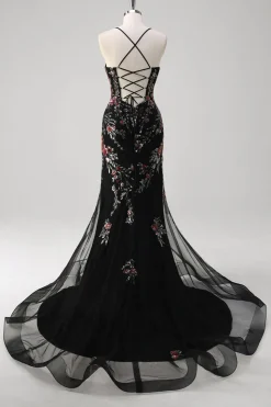 Preto Sereia Esparguete Correias Appliqued Long Prom Dress With Sequins