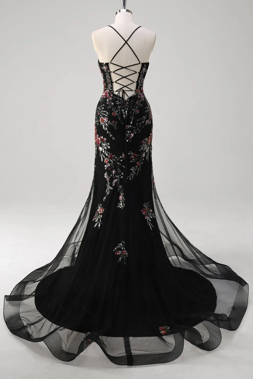 Preto Sereia Esparguete Correias Appliqued Long Prom Dress With Sequins