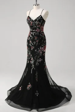 Preto Sereia Esparguete Correias Appliqued Long Prom Dress With Sequins