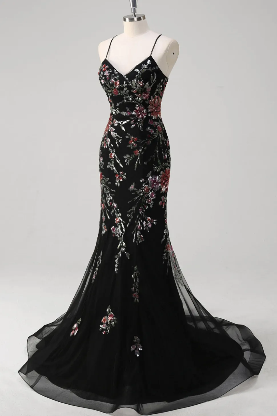 Preto Sereia Esparguete Correias Appliqued Long Prom Dress With Sequins