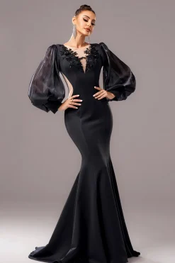 Preto Sereia Puff Mangas Longas V Pescoço Vestido Formal Longo com Apliques