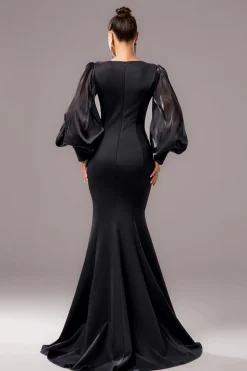 Preto Sereia Puff Mangas Longas V Pescoço Vestido Formal Longo com Apliques