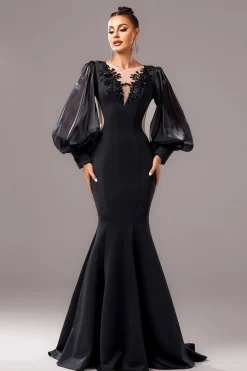 Preto Sereia Puff Mangas Longas V Pescoço Vestido Formal Longo com Apliques