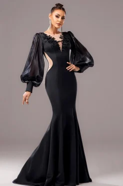 Preto Sereia Puff Mangas Longas V Pescoço Vestido Formal Longo com Apliques