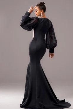 Preto Sereia Puff Mangas Longas V Pescoço Vestido Formal Longo com Apliques