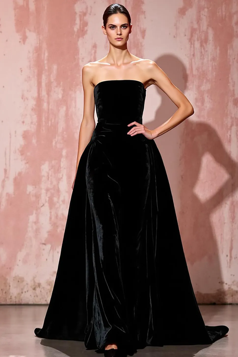 Preto simples sem alças uma linha de veludo vestido de noite