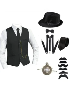 Preto Single Breasted Men's Suit Vest com Acessórios set