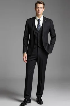 Preto Sólido Slim Fit Notched Lapela 3 Peças Fato Homem