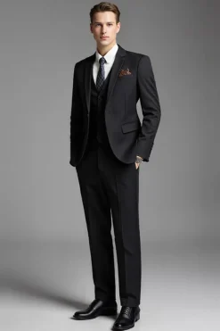 Preto Sólido Slim Fit Notched Lapela 3 Peças Fato Homem