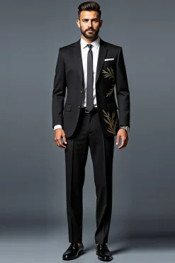 Preto Slim Fit 2 Peça Single Breasted Fatos de Cerimónia com Bordado de Ouro