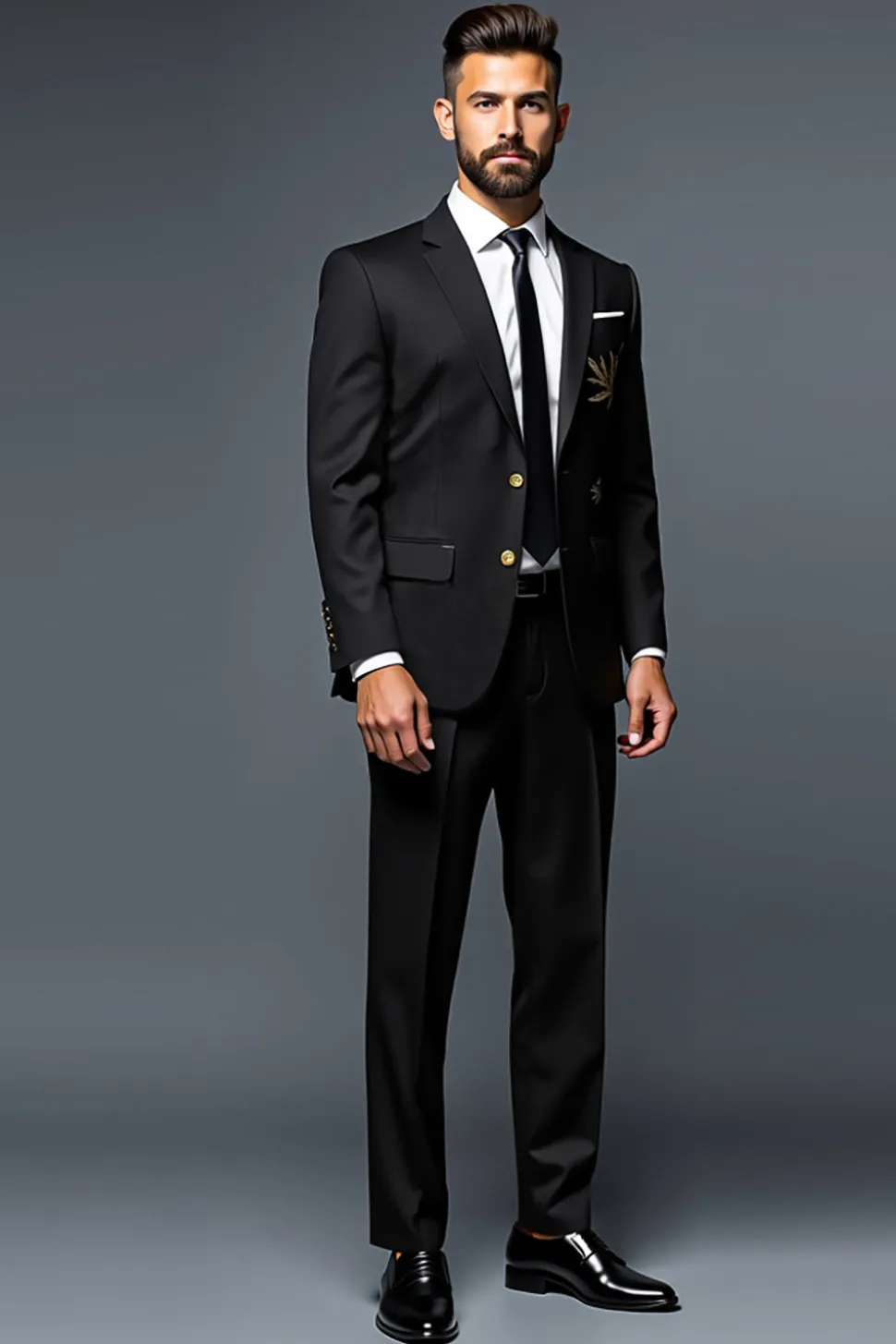 Preto Slim Fit 2 Peça Single Breasted Fatos de Cerimónia com Bordado de Ouro