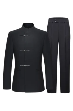 Preto Slim Fit Masculino 2 Peças Mandarin Collar Terno