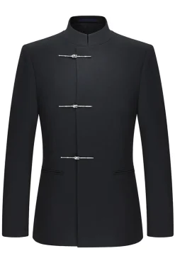 Preto Slim Fit Masculino 2 Peças Mandarin Collar Terno