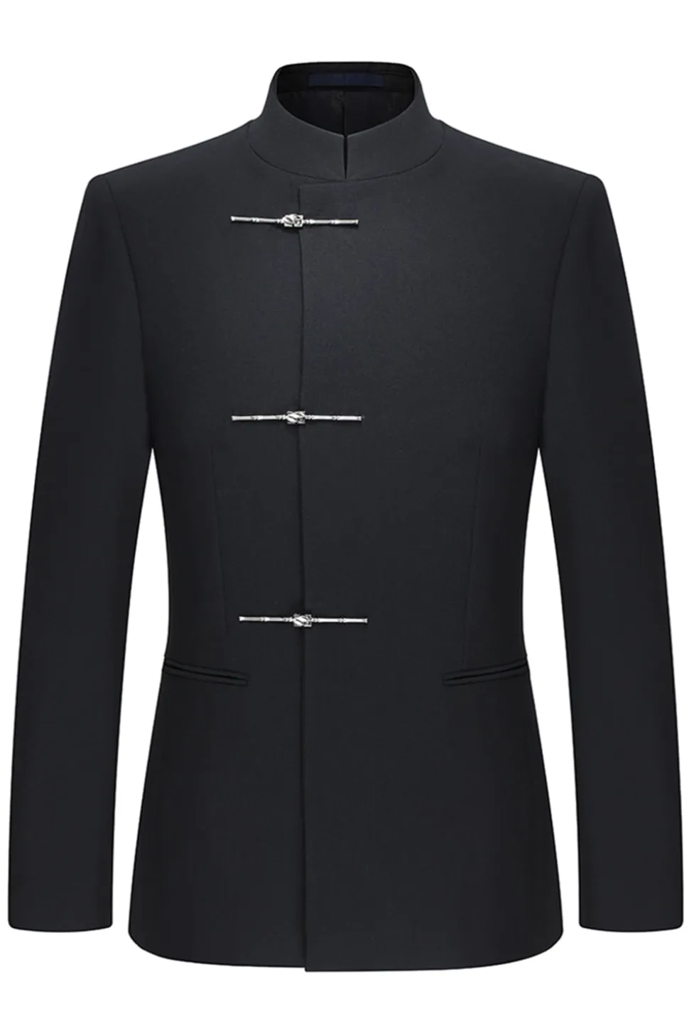 Preto Slim Fit Masculino 2 Peças Mandarin Collar Terno