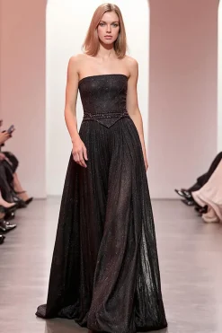 Preto Sparkly Strapless Long A Line Vestido de Noite