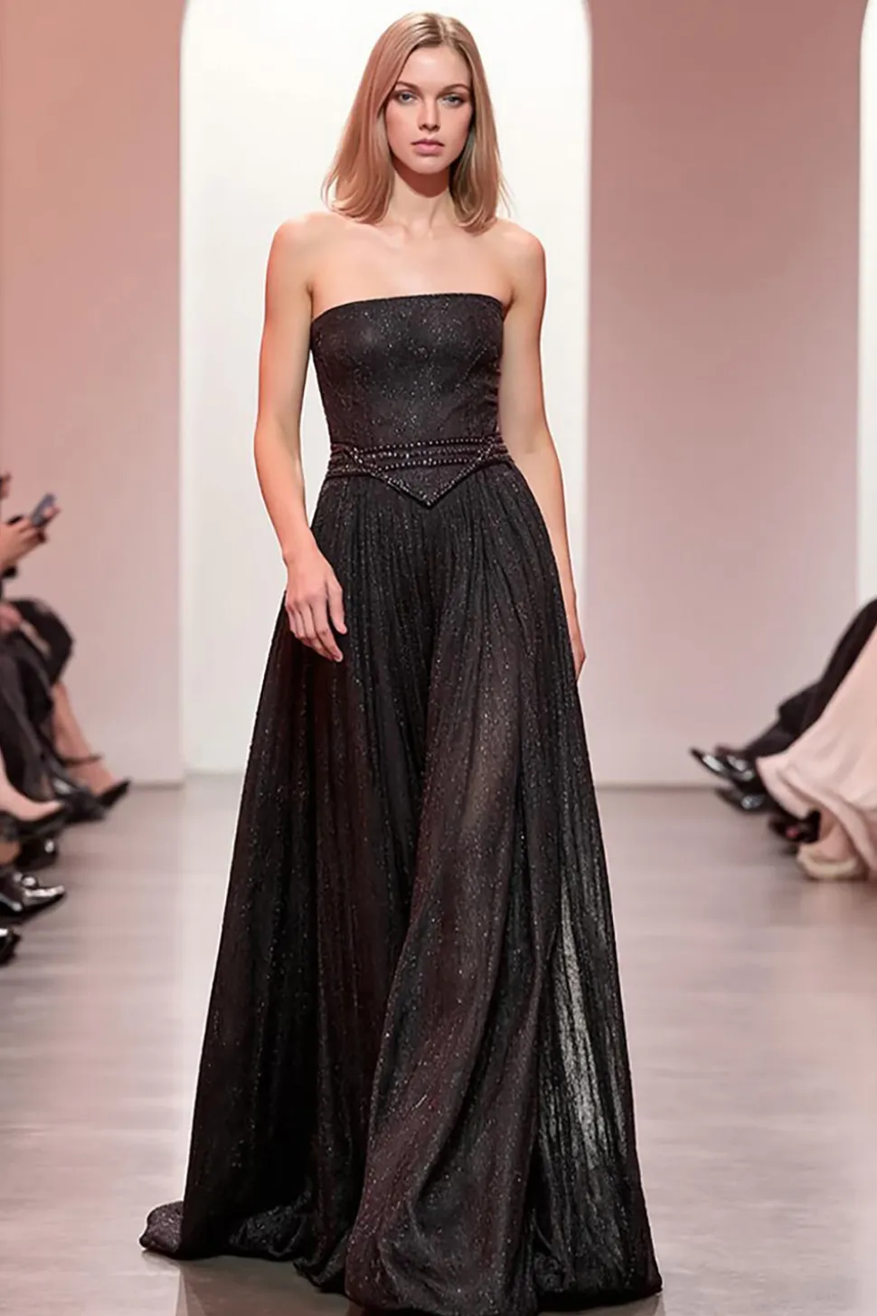Preto Sparkly Strapless Long A Line Vestido de Noite
