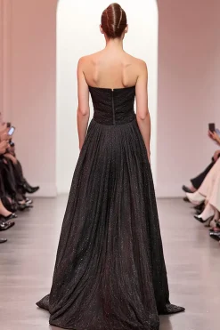 Preto Sparkly Strapless Long A Line Vestido de Noite