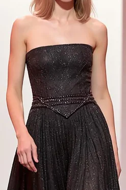 Preto Sparkly Strapless Long A Line Vestido de Noite