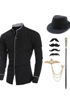 Preto Stand Collar Manga Longa Camisa Terno Masculino com Conjunto de Acessórios