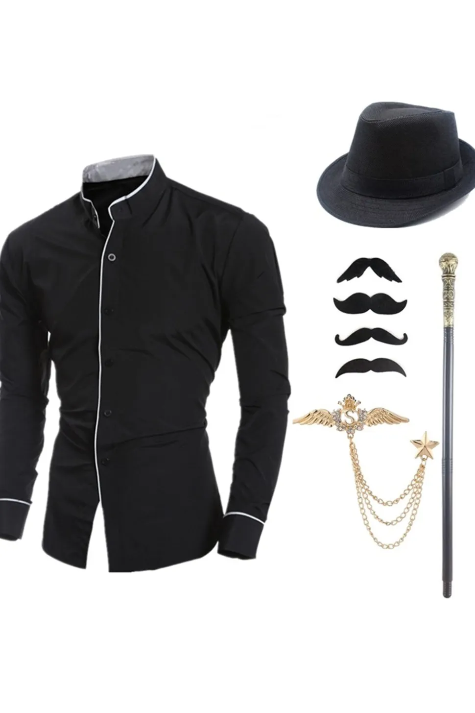 Preto Stand Collar Manga Longa Camisa Terno Masculino com Conjunto de Acessórios