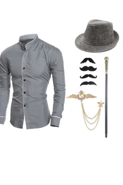 Preto Stand Collar Manga Longa Camisa Terno Masculino com Conjunto de Acessórios
