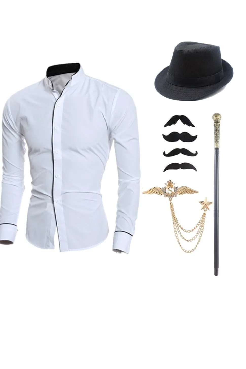 Preto Stand Collar Manga Longa Camisa Terno Masculino com Conjunto de Acessórios