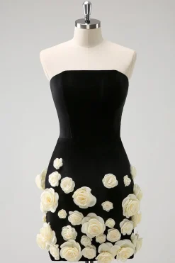 Preto Strapless Bodycon Vestido Curto Homecoming com flores 3D