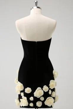 Preto Strapless Bodycon Vestido Curto Homecoming com flores 3D