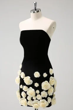Preto Strapless Bodycon Vestido Curto Homecoming com flores 3D
