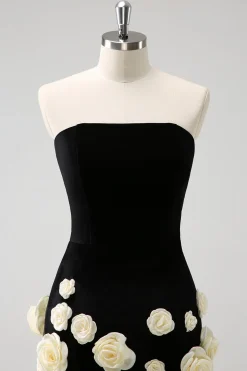Preto Strapless Bodycon Vestido Curto Homecoming com flores 3D