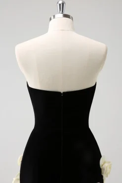 Preto Strapless Bodycon Vestido Curto Homecoming com flores 3D