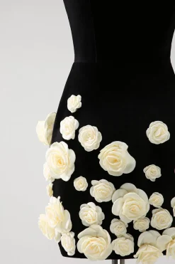 Preto Strapless Bodycon Vestido Curto Homecoming com flores 3D