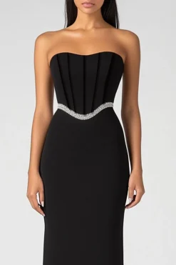 Preto Strapless Corset Bainha Sequins Vestido Formal