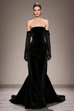 Preto Strapless Long Velvet Vestido de Noite