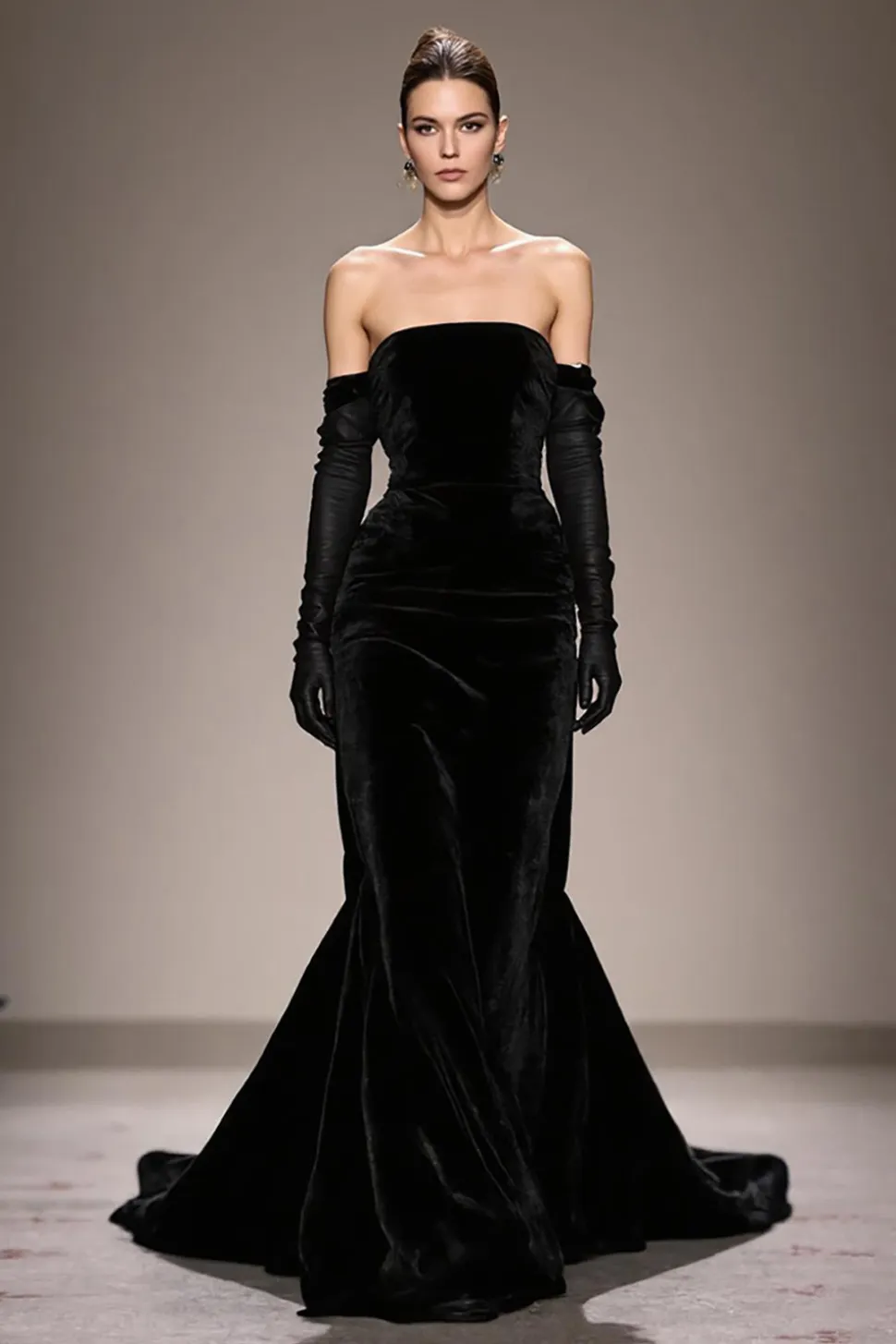 Preto Strapless Long Velvet Vestido de Noite