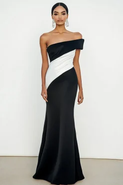 Preto Strapless Matte Satin Sereia Ruched Long Formal Dress