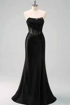 Preto Strapless Sereia Ruched Corset Long Prom Dress