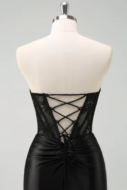 Preto Strapless Sereia Ruched Corset Long Prom Dress