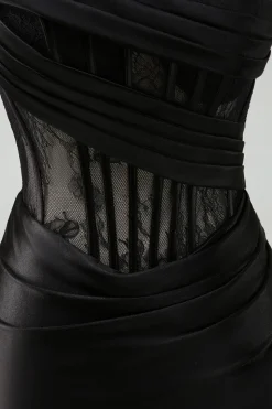 Preto Strapless Sereia Ruched Corset Long Prom Dress