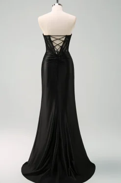 Preto Strapless Sereia Ruched Corset Long Prom Dress