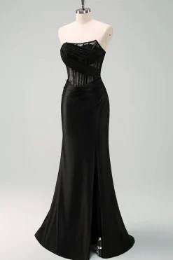 Preto Strapless Sereia Ruched Corset Long Prom Dress