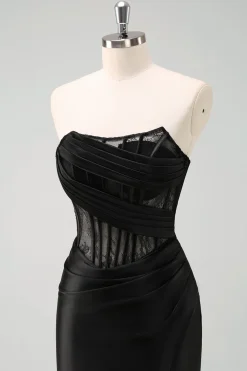 Preto Strapless Sereia Ruched Corset Long Prom Dress